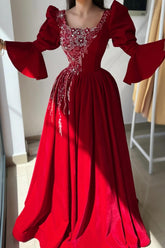 Obsessing Long Red A-line Square Neck Lace Prom Evening Dresses with Long Sleeves